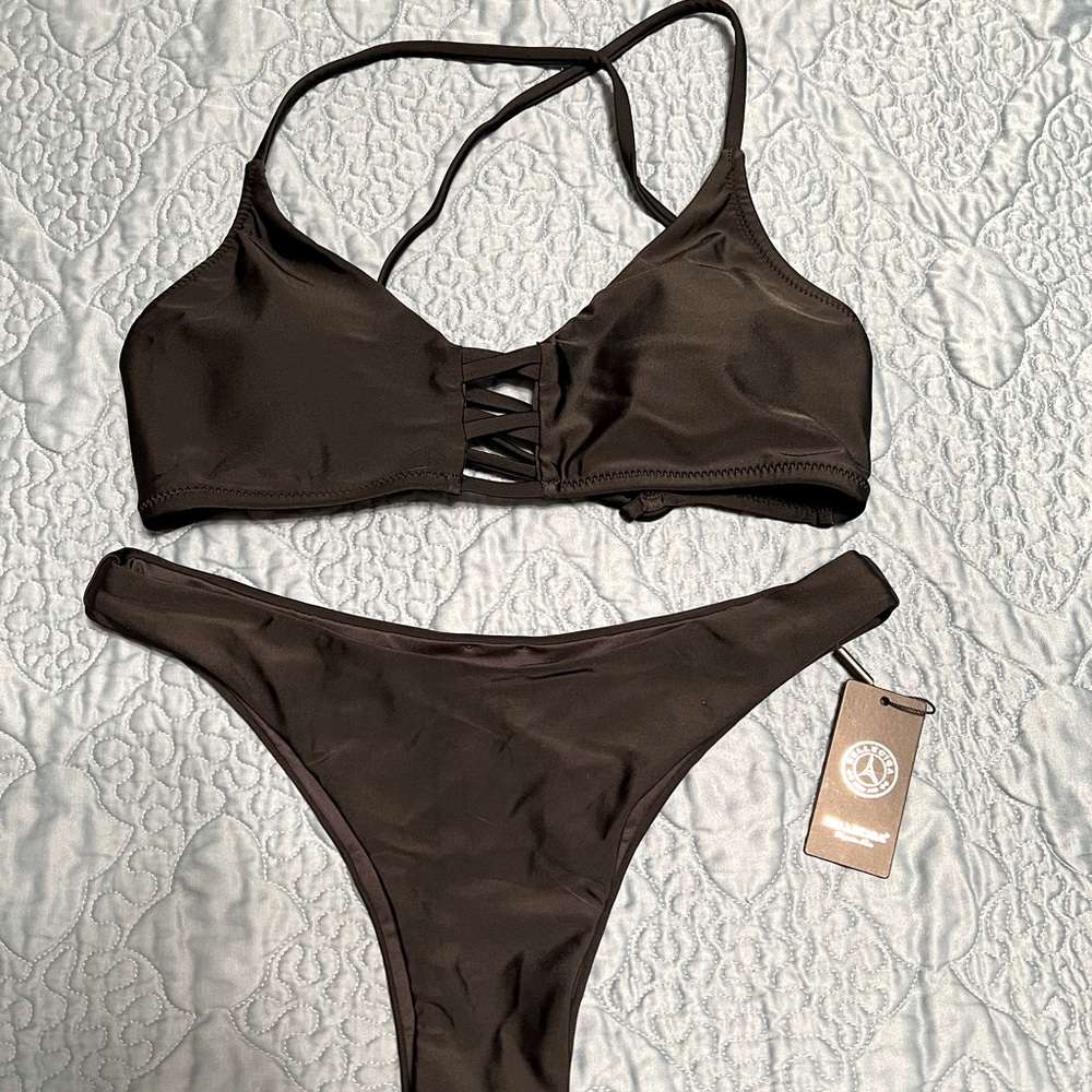 RELLECIGA Strappy Triangle Top & Cheeky Brazilian Cut Bikini Bottom in Black
